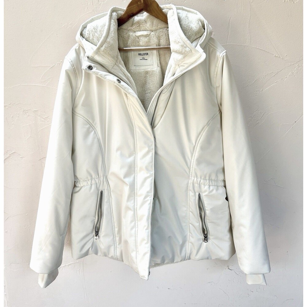 Hollister Faux Fur Lined Parka Jacket Ivory White Hooded Winter Coat Womens XXL